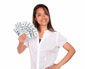 Fototapeta premium Pretty asiatic young woman with cash dollars