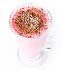 Organic red strawberry smoothie  with chocolate on the top, on w