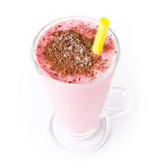 Organic red strawberry smoothie  with chocolate on the top, on w