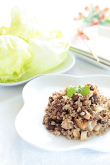 chinese food, mince pork and lotus roots stir fried