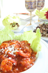 chinese cuisine, ketchup prawn on lettuce for gourmet food image