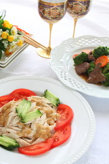 chinese cuisine, sesame chicken and cucumber salad