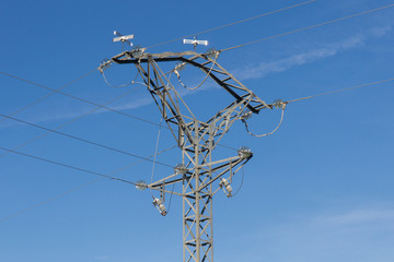 Metal tower electrical distribution background of blue sky