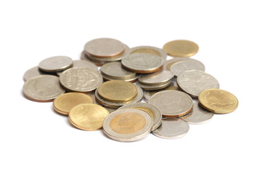 Thai coins with selective focus isolated on white background