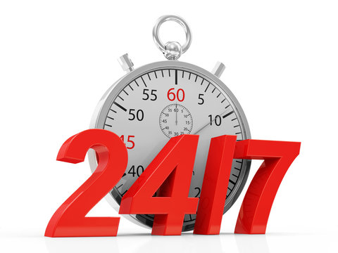 Stopwatch and 24 / 7 symbol isolate on white background