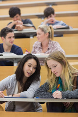Students learning and talking in a lecture hall