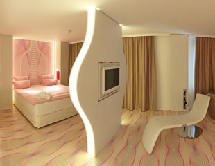 Raumteiler - Bett und Wohlfühlsessel mit Fernseher