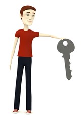 3d render of cartoon character with big key