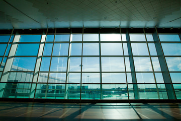 glass wall in the airport, abstract business interior