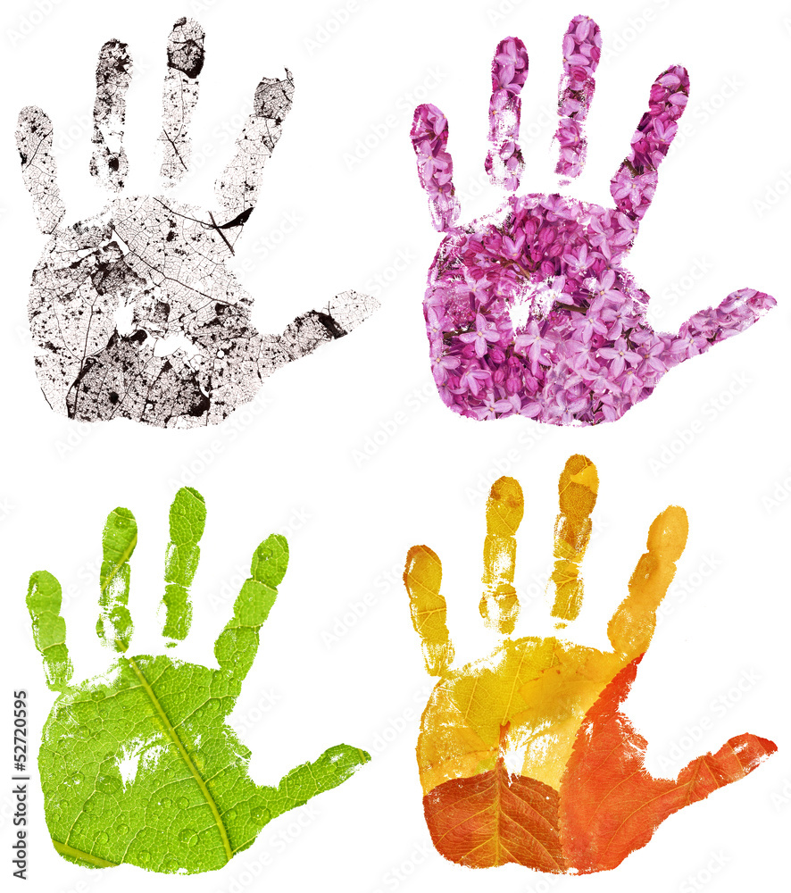 Poster set of conceptual hand imprints on four seasons backgrounds