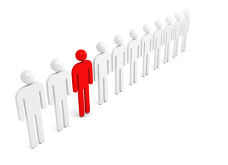 Row of white abstract people with one red individual figure
