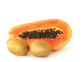 Papaya and kiwi fruit isolated on white background