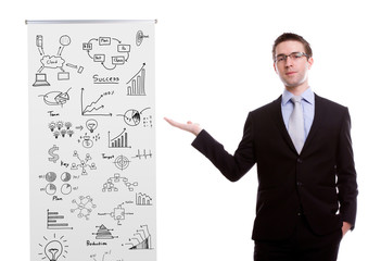 Fototapeta premium Business man showing roll up banner display with graph isolated