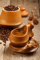 Black coffee in vintage mug