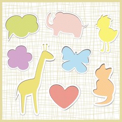 Cute childlike stickers, vector bubbles. Animals.