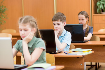 Fototapeta na wymiar schoolkids using laptop at lesson