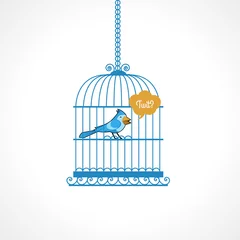 Tableaux ronds sur aluminium Oiseaux en cages Oiseau bleu en prison ouverte