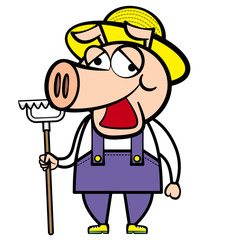 cartoon pig farmer with rake