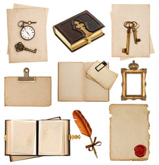 antique clock, key, postcard, photo album, feather pen