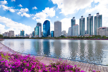 Bangkok city downtown and business district cityscape from a par