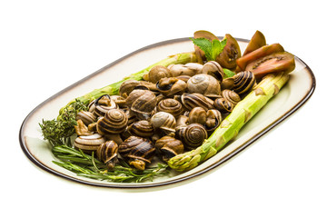 Escargot with asparagus, rosemary, thymus and tomato