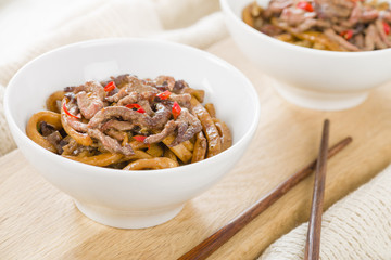 Chinese spicy beef and black bean sauce with thick noodles