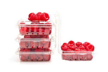 Red raspberries in plastic fruit containers
