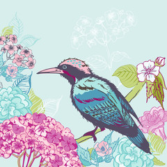 Bird with Flowers Background - for design and scrapbook - in vec