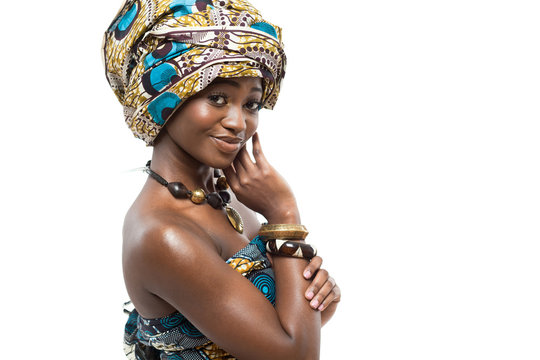 African fashion model on white background.