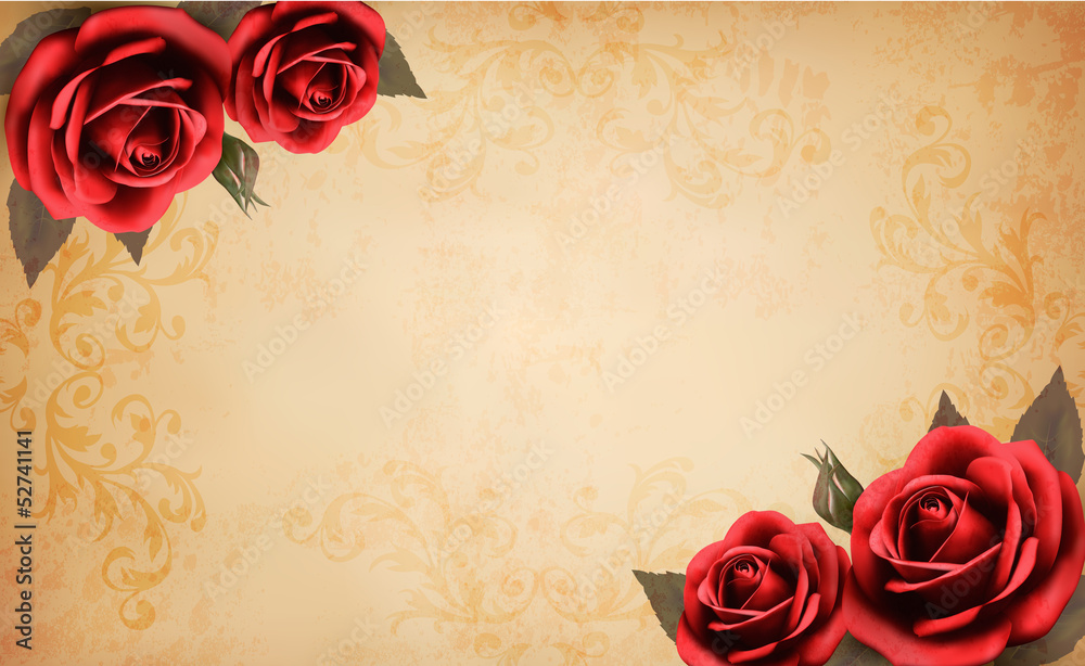 Aufkleber retro background with beautiful red rose and old paper. vector i