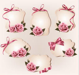 Set of beautiful retro labels with pink rose and gift bows. Vect