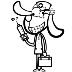 coloring cartoon dog nurse with first aid kit and syringe