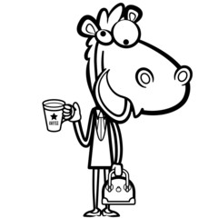 coloring cartoon office horse with a cup of coffee and a briefca