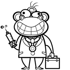 coloring cartoon monkey doctor with first aid kit and syringe