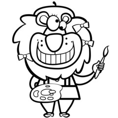 coloring cartoon lion artist with paintbrush and palette