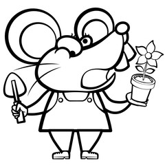 coloring cartoon mouse landscaper with a plant