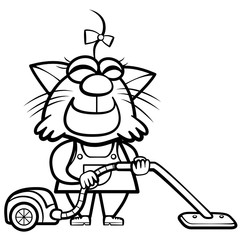 coloring cartoon cat housewife with a vacuum cleaner