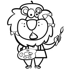 coloring cartoon lion artist with paintbrush and palette