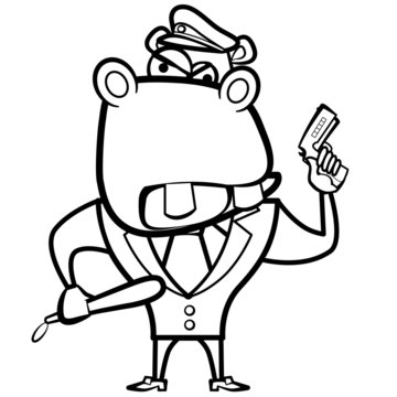 coloring cartoon hippo police officer with gun