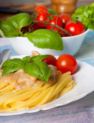 Pasta spaghetti with bolognese sauce and basil