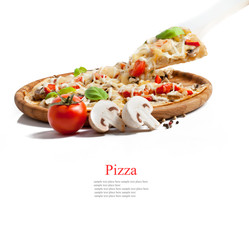 Vegetarian pizza with peppers, mushrooms, tomatoes, olives and b