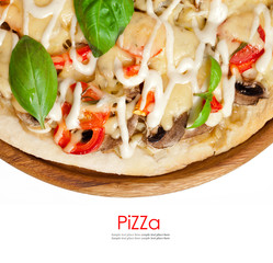 Vegetarian pizza with peppers, mushrooms, tomatoes, olives and b