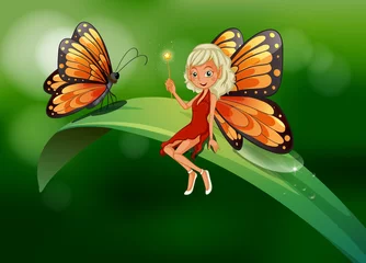 Foto op Plexiglas Een fee en een vlinder aan de bovenkant van een lang blad © GraphicsRF