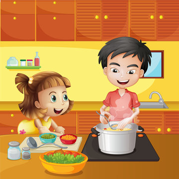 A young girl and boy at the kitchen