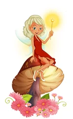 Poster Een fee met een toverstok die boven een gigantische paddenstoel zit © GraphicsRF
