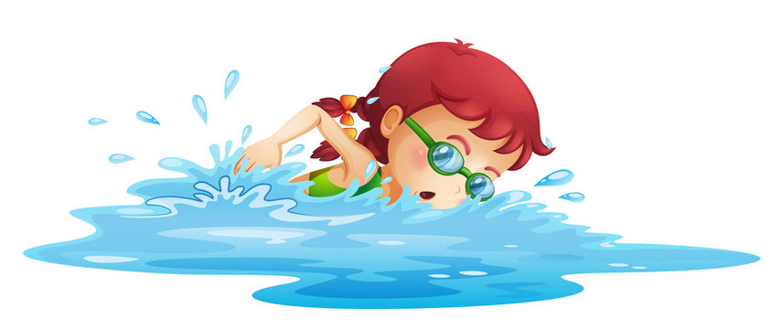 A young girl swimming in her green swimming attire