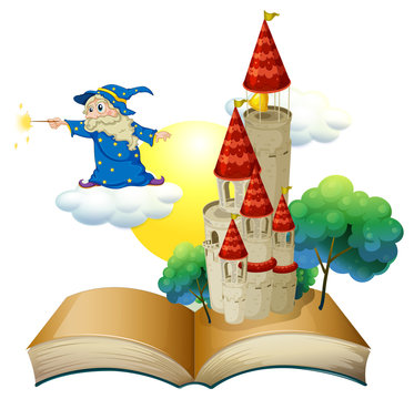 A book with an image of a castle and a magician