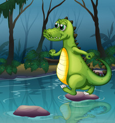 A crocodile crossing the pond