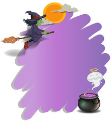 A witch riding on a broom and an empty violet template