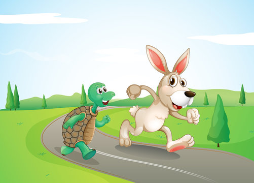 A bunny and a turtle running along the road